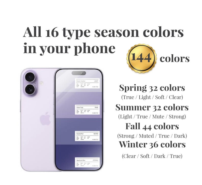 May include: A light purple smartphone displaying a color palette app with the text All 16 type season colors in your phone and 144 colors. The screen shows four color swatches with labels for Spring, Summer, Fall, and Winter categories.