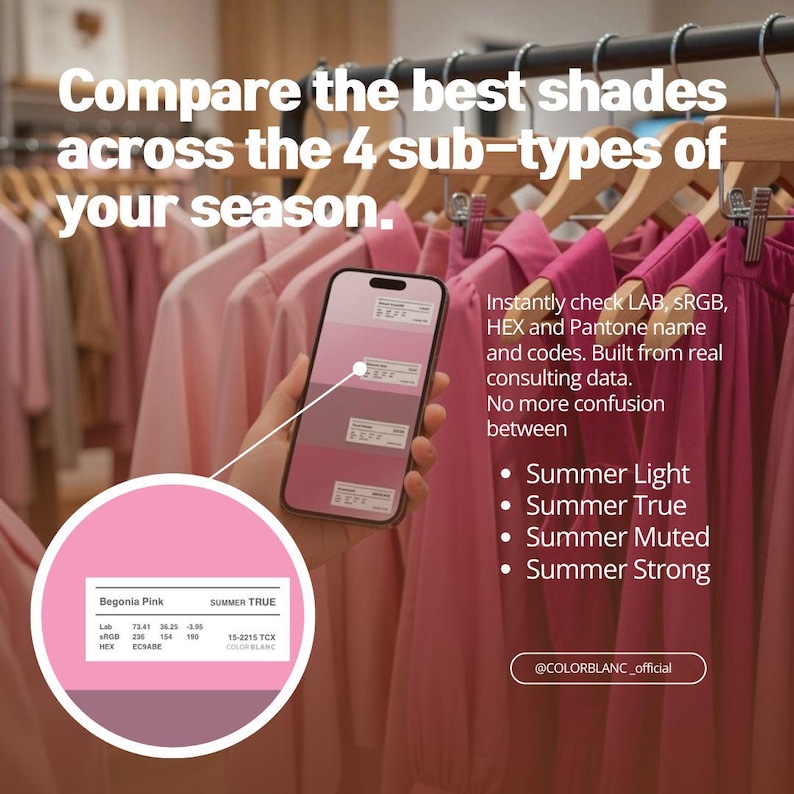 May include: A smartphone displays color swatches labeled "Summer Light," "Summer True," "Summer Muted," and "Summer Strong." The image includes text: "Compare the best shades across the 4 sub-types of your season."