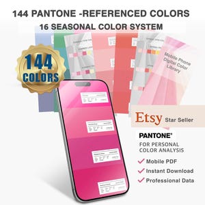 Puede incluir: Un teléfono inteligente muestra una paleta de colores rosa con el texto "144 Colores Referenciados Pantone" y "16 Sistemas de Color Estacionales". La imagen incluye un sello dorado con "144 Colores" y el logo de Etsy con "Vendedor Estrella".