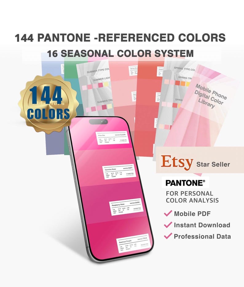 May include: A smartphone displays a pink color palette with the text "144 Pantone-Referenced Colors" and "16 Seasonal Color System." The image includes a gold seal with "144 Colors" and the Etsy logo with "Star Seller."
