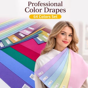 May include: A woman displays a selection of colourful fabric swatches, including pink, purple, and green hues. The image is labelled "Professional Colour Drapes" and "64 Colours Set". The woman is wearing a white top.