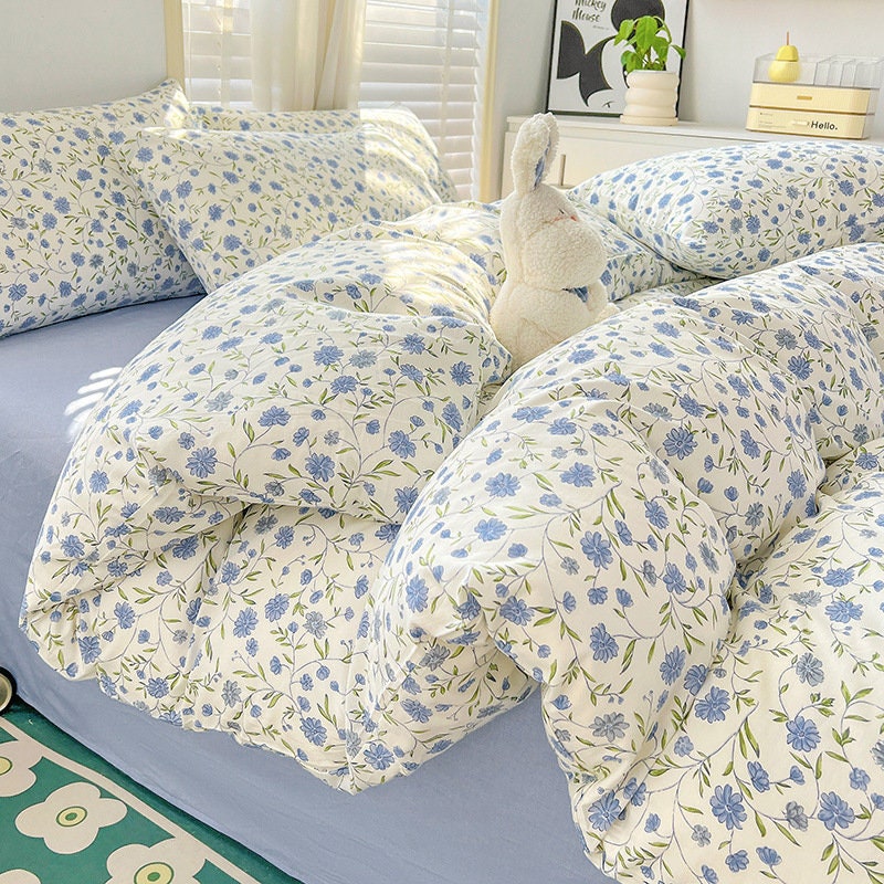 Cotton White Floral Duvet Cover Queen Full With Blue Etsy Australia