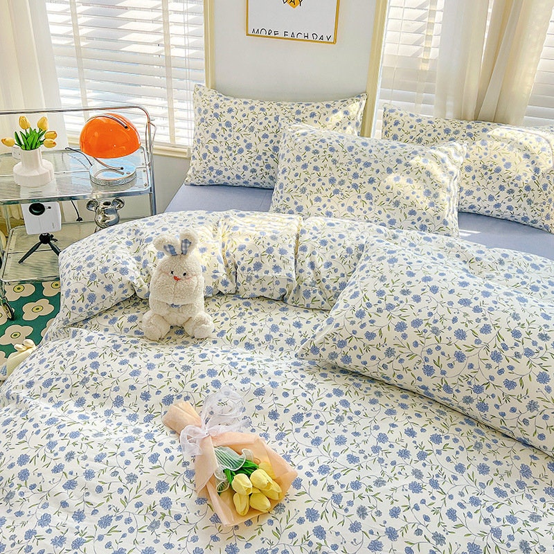Cotton White Floral Duvet Cover Queen Full With Blue Etsy Australia