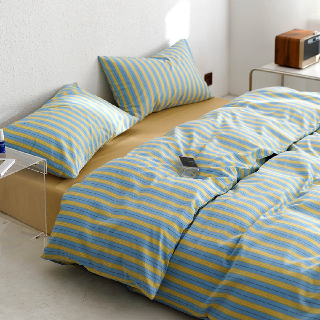 Housse de couette rayée en coton bleu/jaune pleine reine - Etsy France