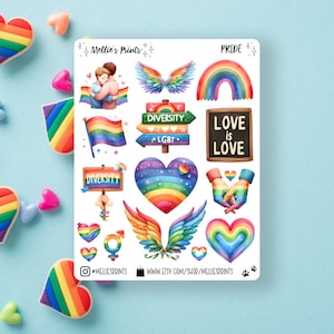 May include: A sheet of rainbow-themed stickers with various designs, including hearts, rainbows, wings, hands, and signs with the words "Diversity", "LGBT", and "Love is Love".
