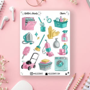 May include: A sheet of stickers featuring illustrations of household chores, including a dishwasher, vacuum cleaner, broom, iron, laundry basket, trash bag, and cleaning supplies. The stickers are in a cartoon style with bright colors and a white background. The text "Mellie's Prints" and "Chores" are at the top of the sheet.