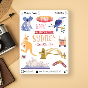 Australien | Planner Aufkleber, Scrapbook Aufkleber, Bullet Journal Aufkleber, Urlaub Essentials, Syndey Opera, Reise, Känguru, Koala, Bondi