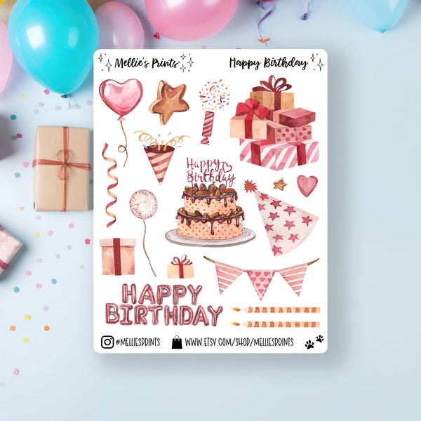 Happy Birthday | Planner Stickers, Scrapbook Stickers, Bullet Journal Stickers, Birthday Stickers, Birthday Cake, Celebration Stickers, Bday