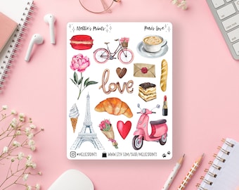 Paris Love | Planner Stickers, Scrapbook, Embellish, Bullet Journal, Espresso, Croissant, Europe, Eiffel Tower, Paris, Je t'aime, France