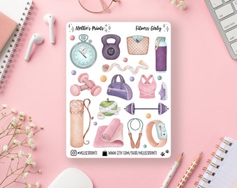 May include: A sheet of fitness-themed stickers with illustrations of a stopwatch, kettlebell, scale, water bottle, dumbbells, gym bag, sports bra, running shoes, apple, measuring tape, barbell, yoga mat, jump rope, and a fitness tracker. The stickers are on a white background and have a pink, purple, and green color scheme. The text "Mellie's Prints" and "Fitness Girly" is included on the sheet.