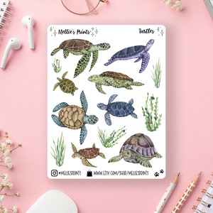 Könnte beinhalten: Eine Blatt mit Aufklebern mit Aquarell-Illustrationen von Meeresschildkröten in verschiedenen Posen. Die Aufkleber sind auf weißem Hintergrund mit dem Text "Mellie's Prints" und "Turtles" oben. Die Aufkleber sind perfekt, um Ihrem Planer, Tagebuch oder Laptop einen Hauch von Verspieltheit zu verleihen.