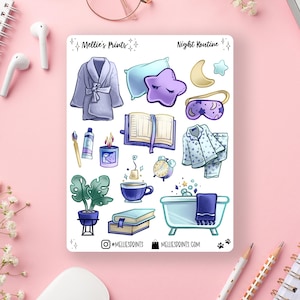 May include: A sticker sheet featuring illustrations of a night routine. Includes a dressing gown, pillow, star, moon, eye mask, pyjamas, book, candle, tea, alarm clock, plant, bathtub, and the text "Night Routine" and "Mellie's Prints".