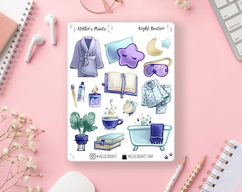 May include: A sticker sheet with illustrations of a night routine. Includes a robe, pillow, star, moon, eye mask, pajamas, book, candle, tea, alarm clock, plant, bathtub, and the text "Night Routine" and "Mellie's Prints".