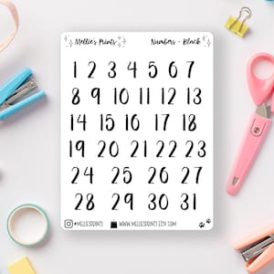 Chiffres - Noir - Feuille d&#39;autocollants | Stickers agenda, Stickers scrapbooking, Sticker Bullet Journal, 1 - 31, grand, mois, jour calendaire, chiffres