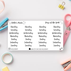 Days of the Week | Planner Stickers, Scrapbook Stickers, Bullet Journal, Functional Stickers, Month, Mon - Sun, Calendar Days of Month, Date