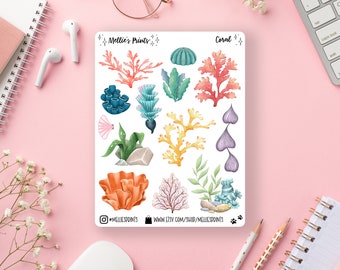 Coral | Planner Stickers, Scrapbook Stickers, Bullet Journal, Ocean Stickers, Watercolor, Beach, Great Barrier Reef, Underwater, Ocean Scape