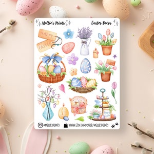 May include: A sheet of Easter-themed stickers featuring a variety of illustrations, including a basket of eggs, a bunny, flowers, and a sign that says "Happy Easter".