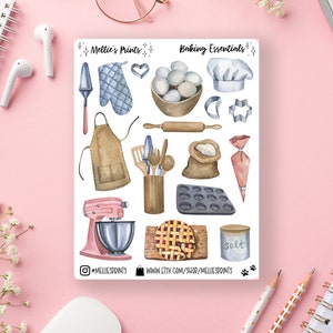 May include: A sheet of baking-themed stickers with watercolor illustrations of kitchen tools and ingredients. The stickers include a chef's hat, a rolling pin, a bag of flour, a mixing bowl with eggs, a whisk, a spatula, a piping bag, a pie crust, a muffin tin, a salt shaker, a heart-shaped cookie cutter, a star-shaped cookie cutter, a crescent-shaped cookie cutter, a kitchen mitt, an apron, and a stand mixer. The text "Mellie's Prints" and "Baking Essentials" is included on the sheet.