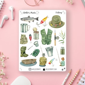 May include: A sticker sheet with watercolor illustrations of fishing-related items. Includes a fish, fishing lures, a hat, vest, boots, a boat, and a fisherman. The text "Fishing" and "Mellie's Prints" are also visible.
