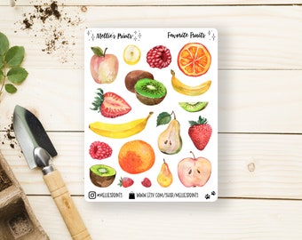 May include: A sheet of fruit stickers featuring watercolor illustrations of various fruits, including apples, bananas, kiwi, pears, oranges, strawberries, and raspberries. The stickers are labeled "Mellie's Prints" and "Favorite Fruits".