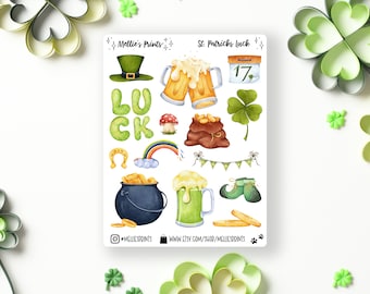 St Patricks Luck | Planner Sticker, Scrapbook Sticker, Bullet Journal, St Patricks, Watercolor, Four Leaf Clover, Luck of Irish, Pot of Gold