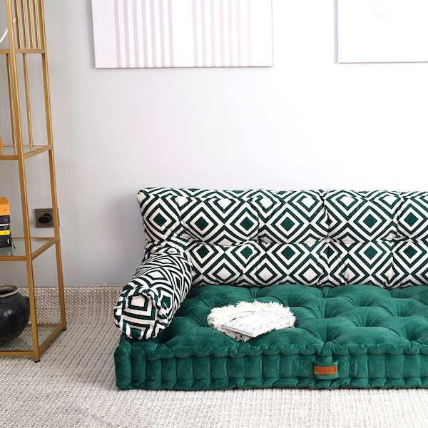 Green Velvet French Tufted Cushions, Meditation Cushion, Tufted Seat Cushions, Handmade Tufted Sofa, Reading Nook, Custom Size Window Seat