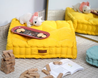 Yellow Tufted Pallet Cushions, Yoga Cushion, Daybed Cushion, Window Bay Cushion, Reading Nook Cushion, Cushion Cover