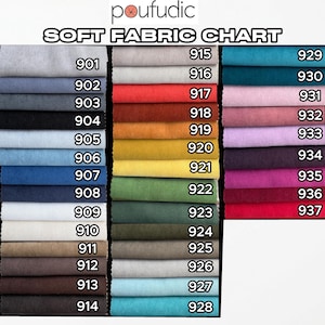 May include: A soft fabric chart by poufudic displaying a wide range of textile swatches arranged in three columns. Each swatch is labeled with a unique numerical identifier ranging from 901 to 937, showcasing various colors including neutrals, blues, greens, reds, and pinks.