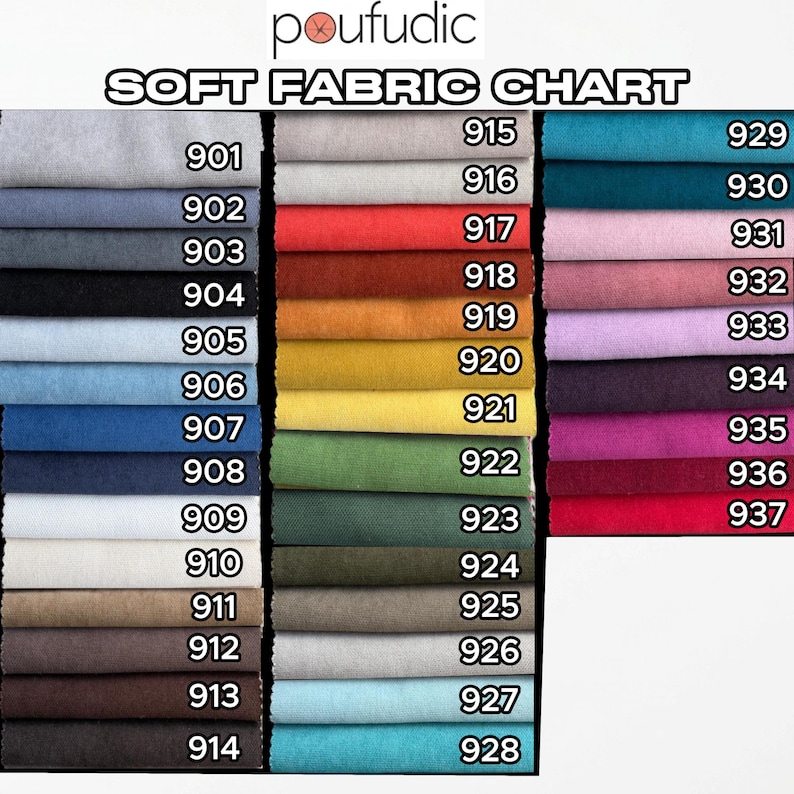May include: A soft fabric chart by poufudic displaying a wide range of textile swatches arranged in three columns. Each swatch is labeled with a unique numerical identifier ranging from 901 to 937, showcasing various colors including neutrals, blues, greens, reds, and pinks.
