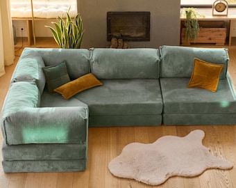 Corduroy Modular Floor Sofa, L Shaped Sectional Couch, Cozy Living Room Seating, Washable Covers