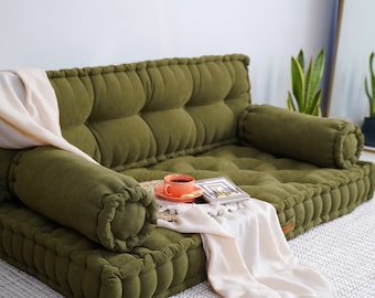 Khaki Tufted Floor Cushion: Linen Reading Nook, Yoga Seat