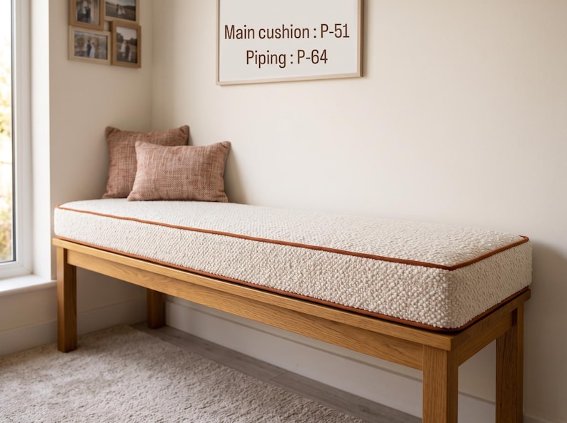 Pode incluir: Um banco de madeira com uma almofada espessa de textura creme e debrum cor de ferrugem. Duas almofadas retangulares de tecido cor de ferrugem est&atilde;o sobre o banco. Uma placa acima diz Main cushion : P-51 Piping : P-64.