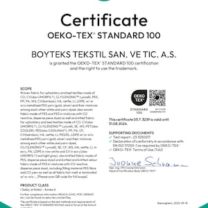 May include: A white certificate with the OEKO-TEX Standard 100 logo, issued by Hohenstein Textile Testing Institute. The certificate, valid until August 31, 2024, confirms the textile's safety for baby articles. The document includes supporting documents and a QR code.