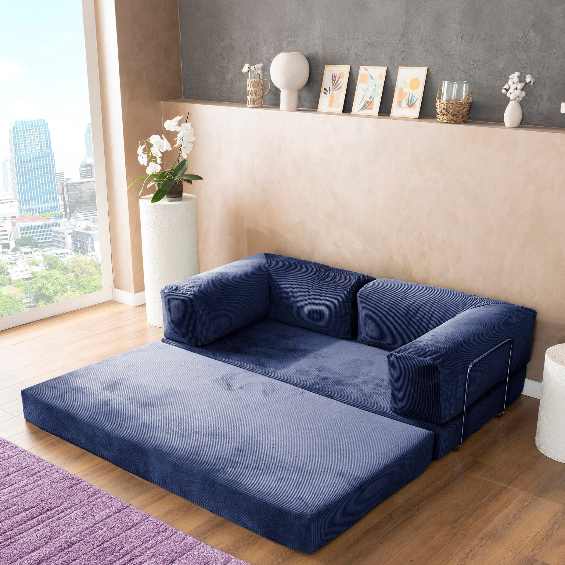 Velvet Upholstered Reversible Sectional Sofa Bed, L-Shape Sleeper Sofa With Chaise Lounge Nailhead Trim 2 Pillows
