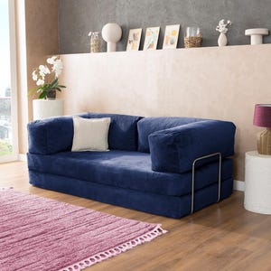 May include: A navy blue corduroy sofa with a white square pillow. A pink rug with a fringed edge sits on a wooden floor. Decorative items are on a shelf in the background.