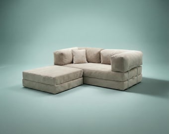 Modular Corduroy Floor Sofa, Sectional Couch with Ottoman & L-Backrest, Versatile Livingroom Sofa, Washable Covers