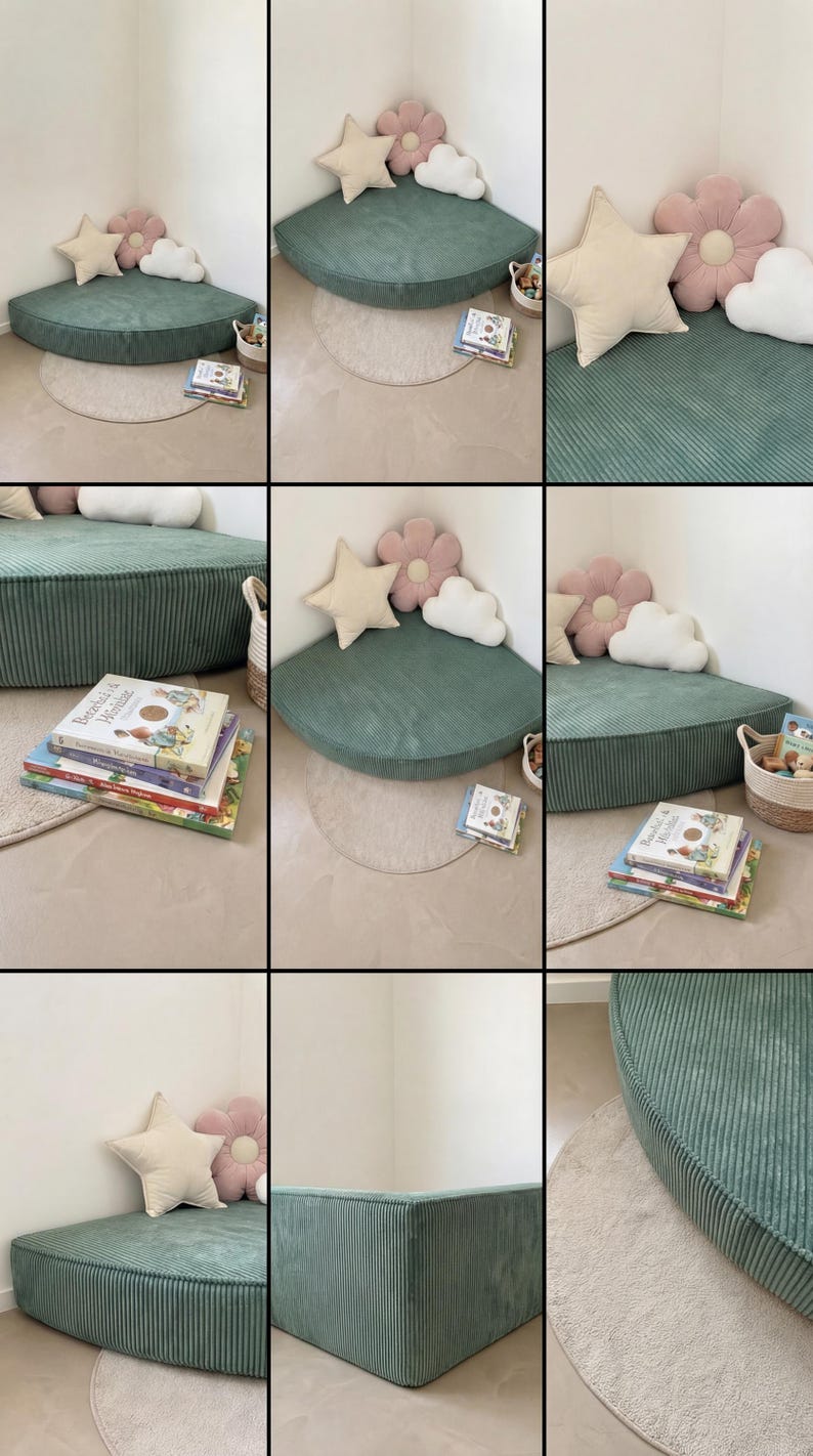 May include: A children's reading corner with a green corduroy corner bench. The scene includes star, flower, and cloud-shaped cushions. A stack of books and a small rug are also present, creating a comfortable reading area. The bench is approximately 100cm x 100cm.