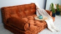 Brick Color Tufted Velvet Floor Cushion: French Style Bench Seating