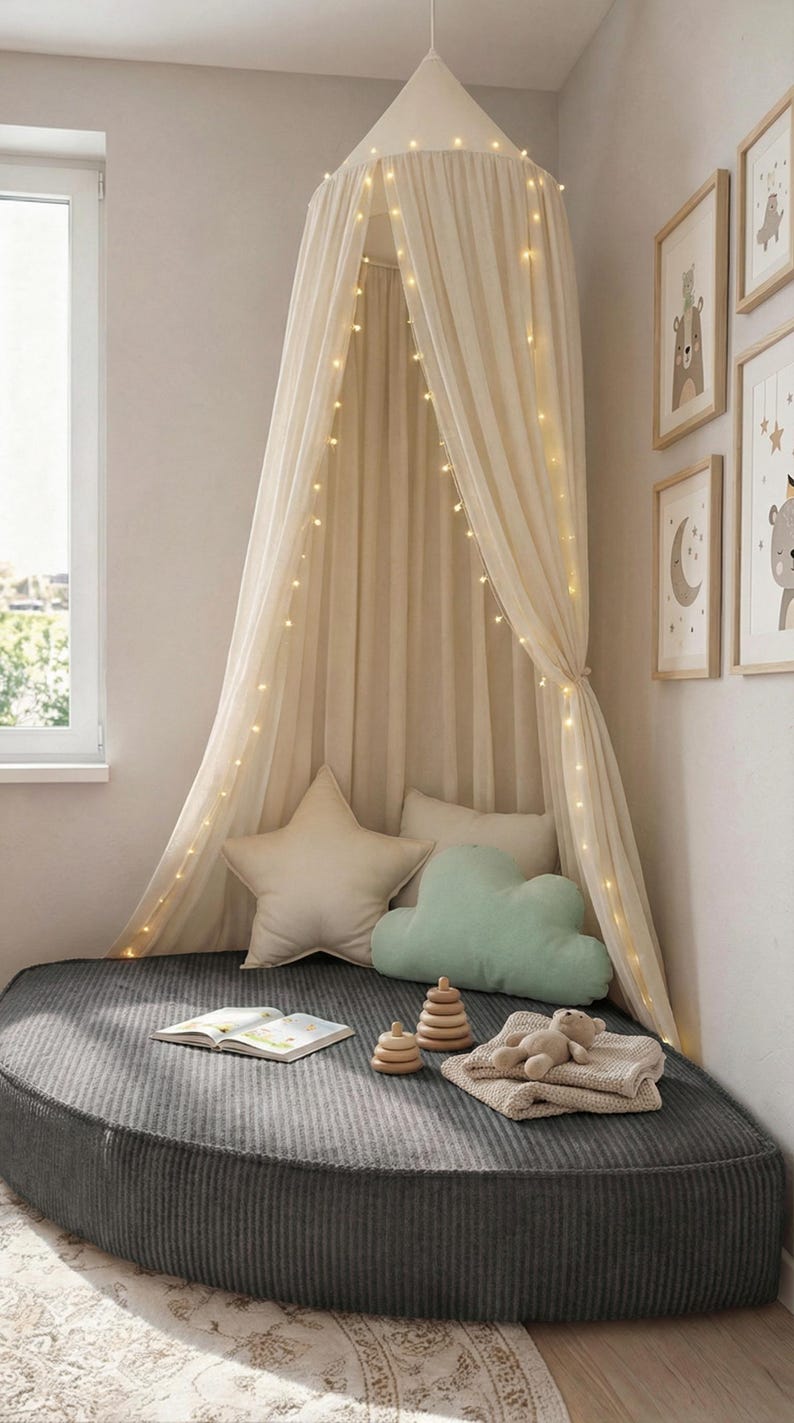 May include: A child's reading corner featuring a cream canopy with fairy lights. A grey, corduroy-textured floor cushion is furnished with star and cloud pillows, a book, wooden toys, and a teddy bear. Framed artwork decorates the wall.