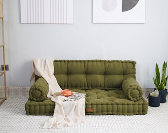 Green Floor Cushions, Meditation Pillow, Window Seat Cushion, Bench Cushion, Reading Nook Cushion, Modern Yoga Cushion, Tufted Seat Cushions