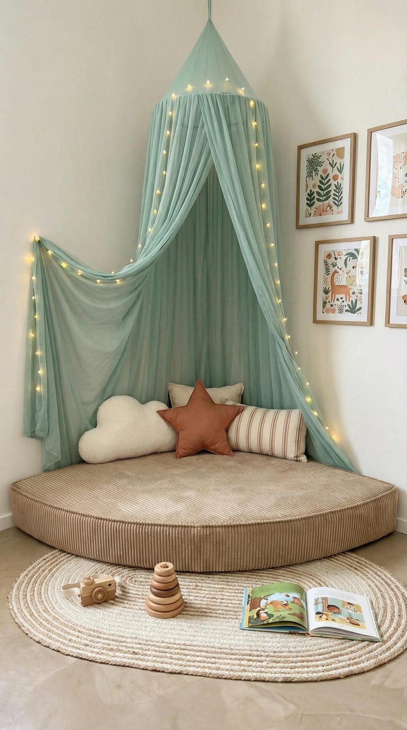 May include: A children's reading nook featuring a round, corduroy floor cushion, a mint green canopy with fairy lights, and decorative pillows. A woven rug, wooden toys, and framed art create a welcoming space.