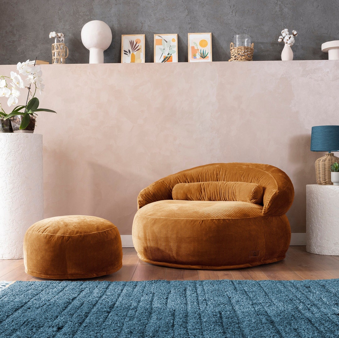 Corduroy Bean Bag Sofa Set: Ottoman and Armrest Pillow
