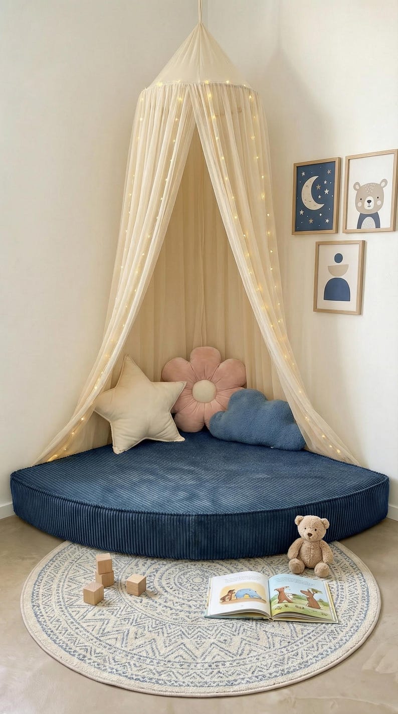 May include: A children's reading nook featuring a navy blue corduroy floor cushion, a cream canopy with fairy lights, and decorative pillows. A round rug, a teddy bear, and framed art complete the space. The room is decorated in soft, neutral tones.