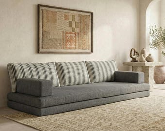 Linen Floor Sofa with Removable Washable Cover | Natural 100% Linen Floor Seating Cushion | Boho Living Room Lounge Sofa