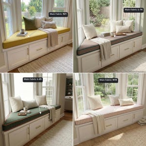Pu&ograve; includere: Una panca da finestra integrata bianca con armadietti e maniglie dorate, che presenta quattro varianti di cuscini. Le opzioni di tessuto sono etichettate Main Fabric: 921, L-14, L-25 e N19, con motivi gialli, marroni, verdi e a righe.