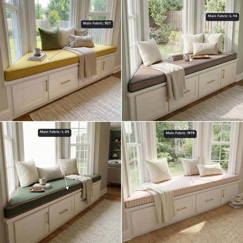 Pu&ograve; includere: Una panca da finestra integrata bianca con armadietti e maniglie dorate, che presenta quattro varianti di cuscini. Le opzioni di tessuto sono etichettate Main Fabric: 921, L-14, L-25 e N19, con motivi gialli, marroni, verdi e a righe.