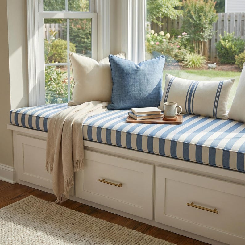Pu&ograve; includere: Una panca da finestra bianca con cassetti e maniglie dorate, sormontata da un cuscino a righe blu e bianche. Include una coperta beige, un cuscino color crema, un cuscino blu e un cuscino lombare a righe su un vassoio di legno.