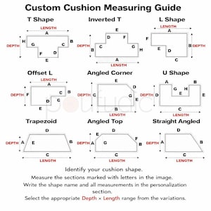 Pu&ograve; includere: Una guida alla misurazione per cuscini personalizzati in bianco e nero che presenta nove diverse forme geometriche, tra cui T, T invertita, L, L sfalsata, angolo inclinato, U, trapezio, parte superiore inclinata e inclinato dritto.