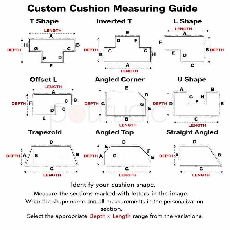 Pu&ograve; includere: Una guida alla misurazione per cuscini personalizzati in bianco e nero che presenta nove diverse forme geometriche, tra cui T, T invertita, L, L sfalsata, angolo inclinato, U, trapezio, parte superiore inclinata e inclinato dritto.