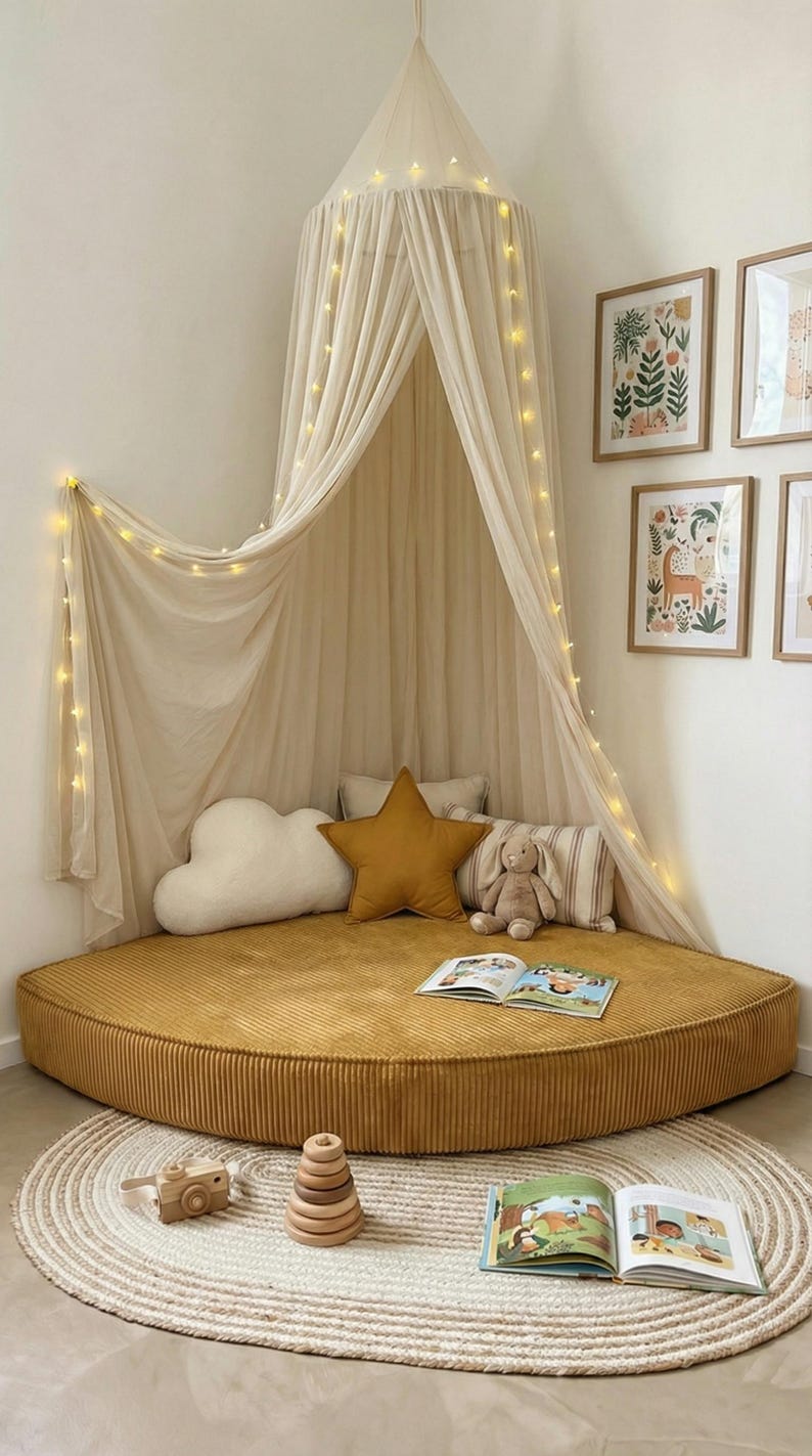 May include: A children's reading nook with a mustard yellow round floor cushion, a cream canopy with fairy lights, and decorative pillows. A wooden toy camera and stacking rings sit on a round rug.